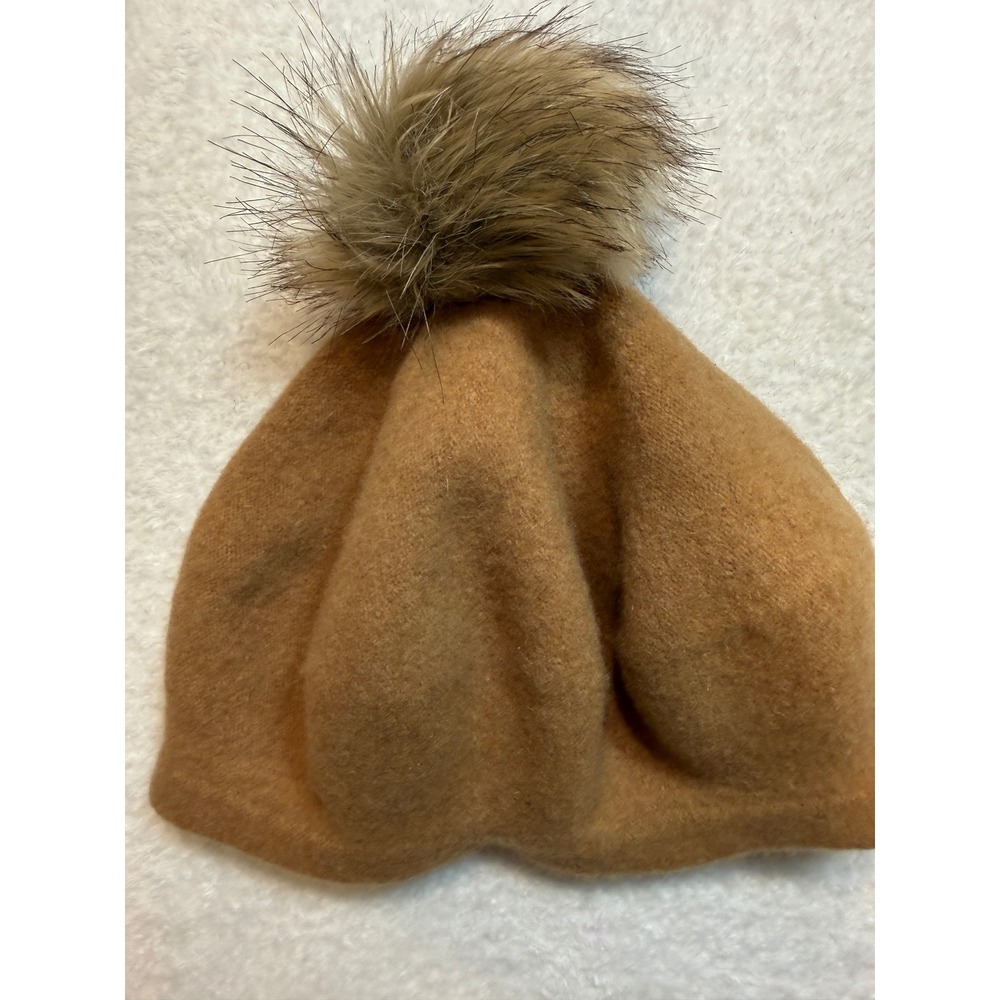 Mixit Womens Wool Blend Beanie Hat Camel Brown Faux Fur Pom Pom Winter Cap O/S